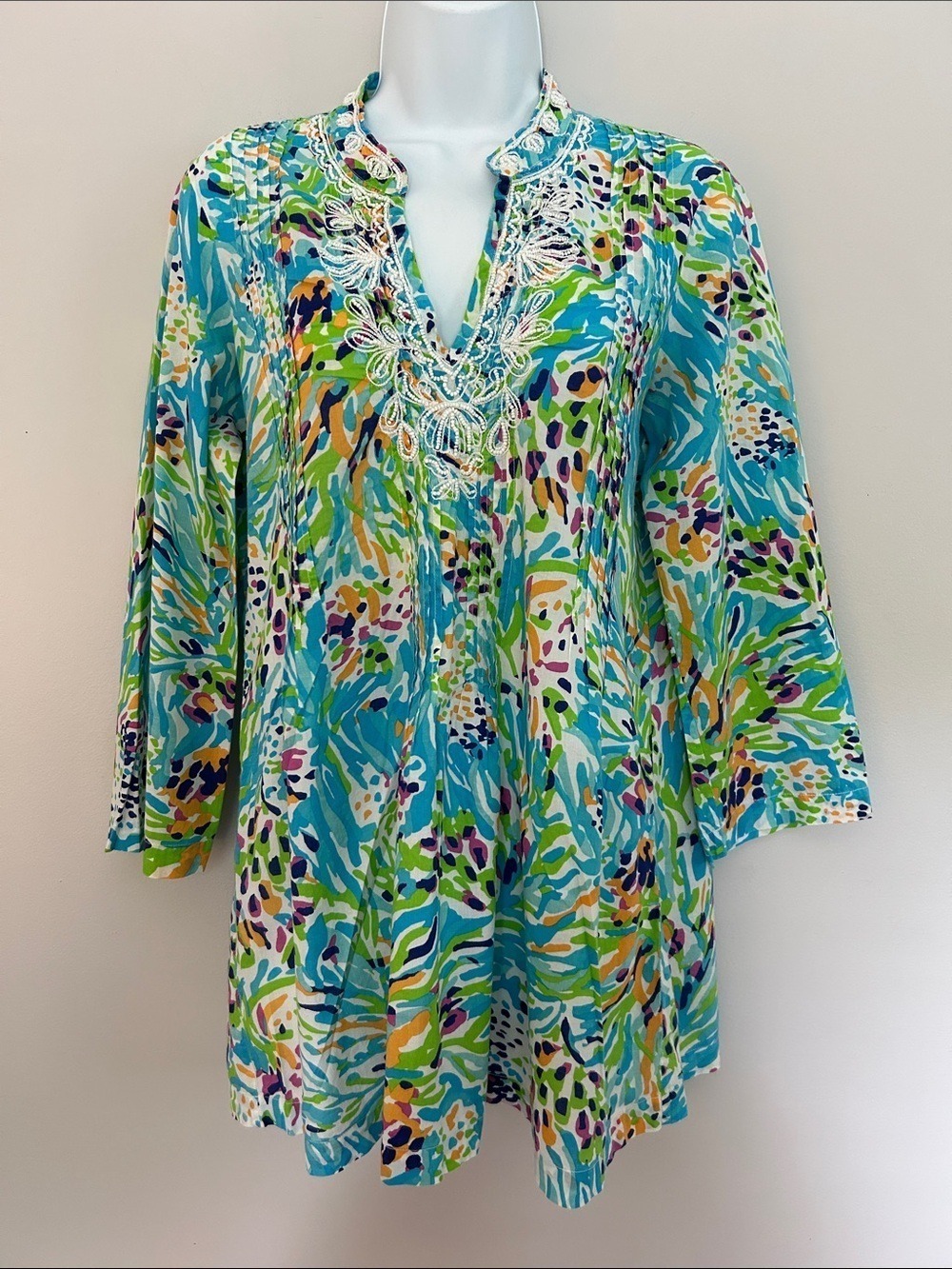 Lily Pulitzer Sarasota Beaded Tunic Top in Sea Soirée Print 100% Cotton